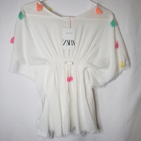 *SOLD* Zara Girls Med. 8-10 Cotton Tassel Kaftan Beach Swim Coverup - Picture 2 of 4